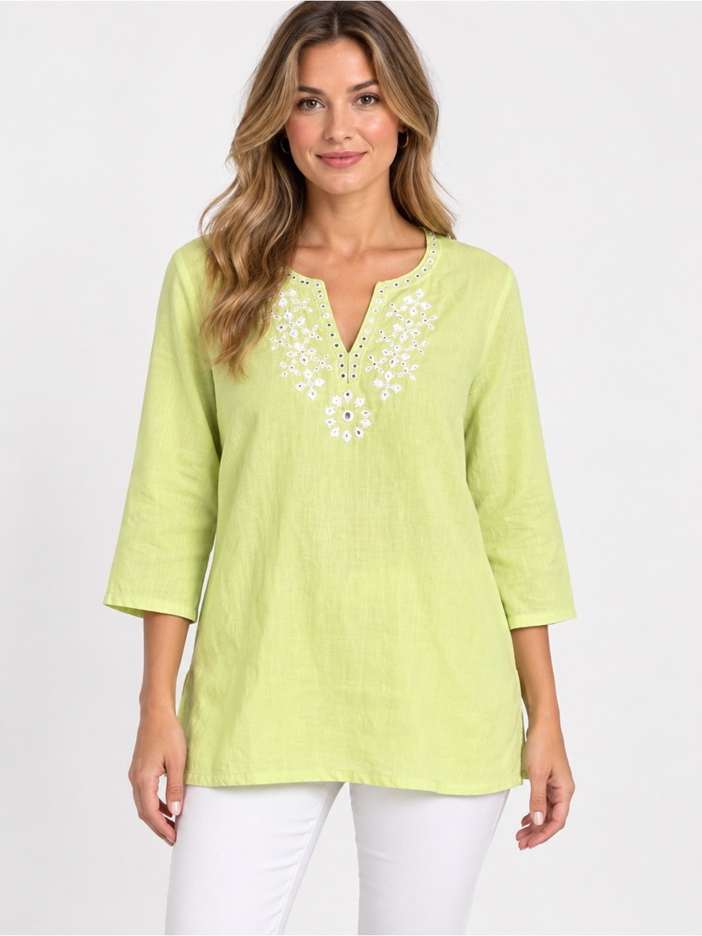 Saint Tropez West Women’s 2X Green Linen Embroidered V-Neck 3/4 Sleeve Blouse